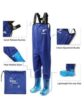 8 Fans Kids Waders, 2-ply Waterproof Nylon/PVC Youth Waders with Boots Sz 12/13